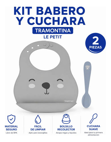Set Kit Infantil Babero Cuchara Bebé Pack X2 Piezas Gris Animales Unico