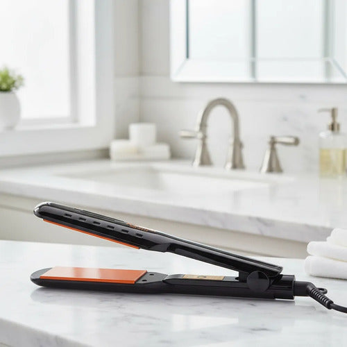 Plancha Pelo Profesional Kemei Temperatura 200c Graduable Negro Con Placas Naranja
