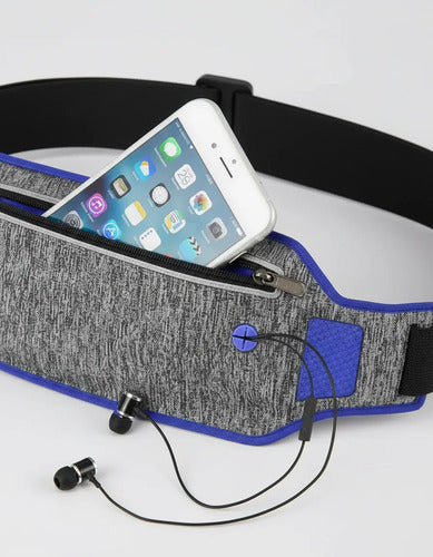 Riñonera Deportiva Porta Celular Ajustable Impermeable Gris Con Azul Liso