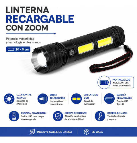 Linterna Recargable Zoom Usb-c Cob Pantalla Lcd Power Bank Blanco Negro