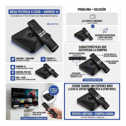 Tv Box Smart Android 14 Wifi Convertidor Inteligente 4-32 Gb Negro De Voz
