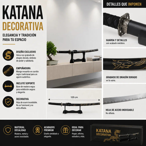 Katana Decorativa Japonesa Soporte Base Samurai Espada 100cm Negro