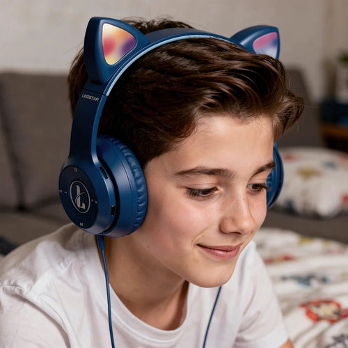 Auricular Orejas Gato Vincha Bluetooth Tf Micrófono Infantil Azul