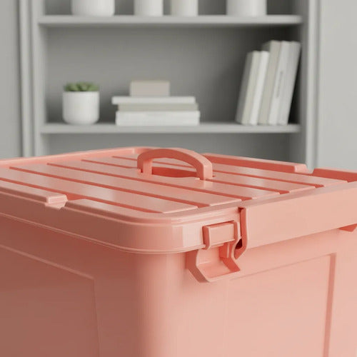 Caja Organizadora Plástica Apilable Tapa Asa 43x29cm Ganchos Rosa