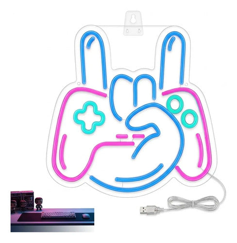 Letrero Cartel Neon Luminoso Gamer Mano Con Gamepad Usb Dimm Blanco