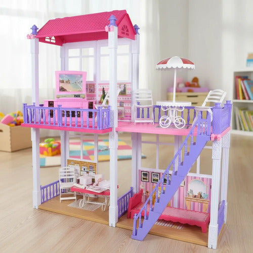 Casa Muñecas Grande 2 Pisos +112 Piezas Accesorios Muebles Rosa