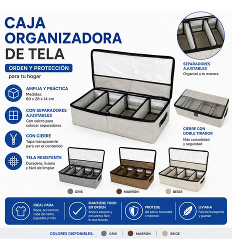 Caja Organizadora Tela Separadores Tela Cierre Divisiones Marrón Liso / Organizador Con Divisiones