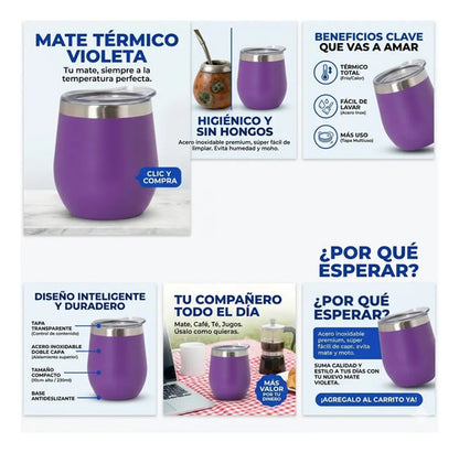 Mate Termico Acero Inoxidable Tapa Bebidas Infusiones 230ml Violeta Liso