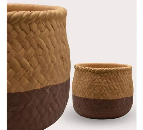 Maceta Cerámica Decorativa Labrada Diseño Yute 13cm Rústica Beige Con Marrón