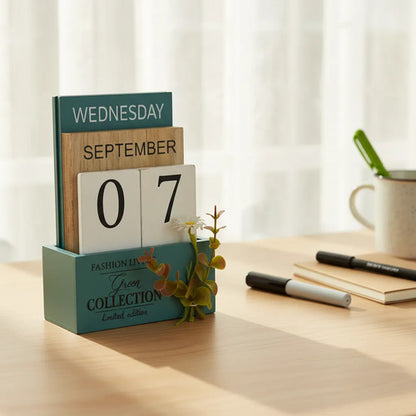 Calendario Escritorio Perpetuo 9 Bloques Madera 11x16x5cm Turquesa
