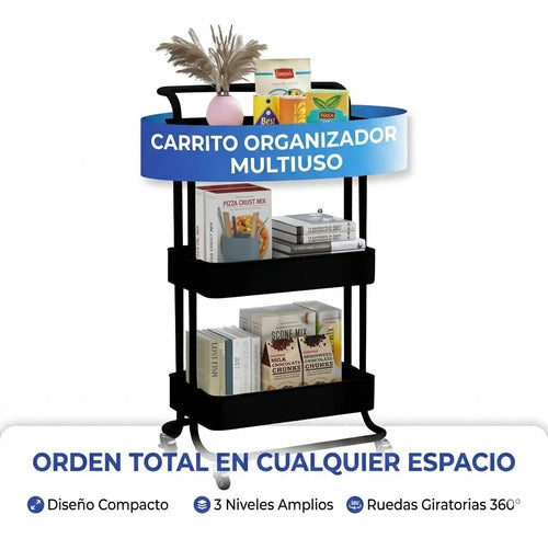 Carrito Organizador 3 Estante Multiuso Metal Rueda Estante Negro