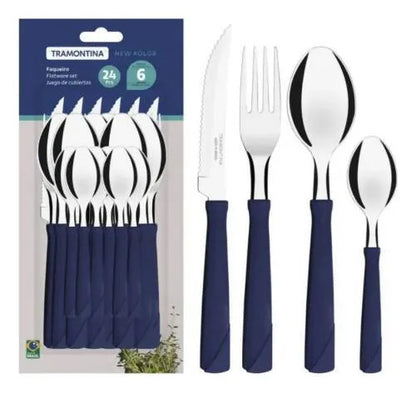 Juego De Cubiertos Acero Inoxidable 24 Piezas Mango Plástico Azul