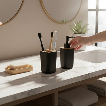 Juego De Baño Set Accesorios Papelera Plástico Porta Cepillo Negro