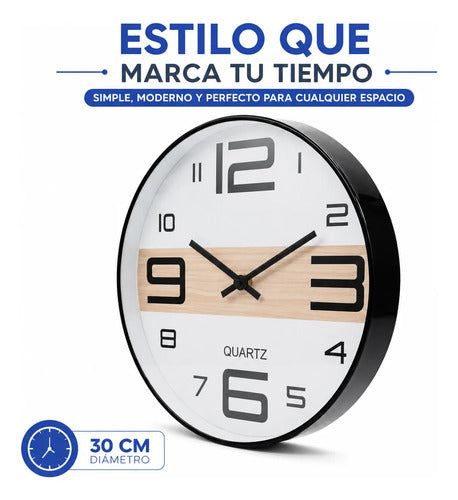 Reloj Pared Redondo Analogico 30cm Quartz Oficina Hogar Negro Blanco
