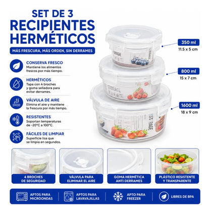 Set Recipiente Hermetico Pack X3 Piezas Redondo Plastico Kit Blanco