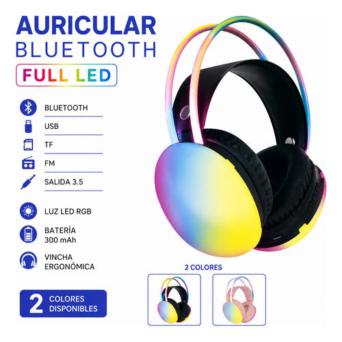 Auriculares Bluetooth Vincha Ergonómica Led Rgb Usb Tf Fm Aleatorio - 2 Colores