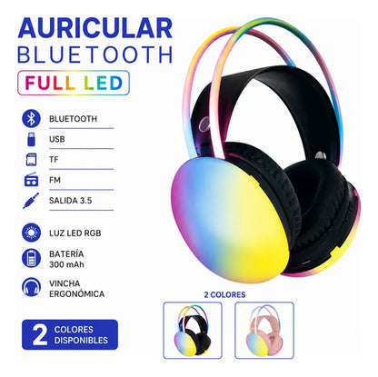 Auriculares Bluetooth Vincha Ergonómica Led Rgb Usb Tf Fm Aleatorio - 2 Colores