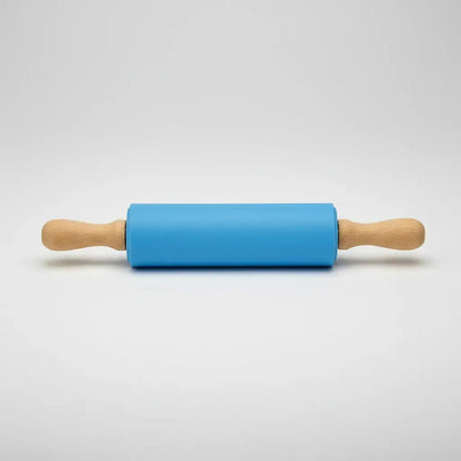 Rodillo Palo Amasar Silicona Madera Y Silicona 25cm Mango Celeste