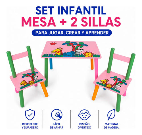 Set Mesa Infantil 2 Sillas Madera Diseño Animado Niños Rosa
