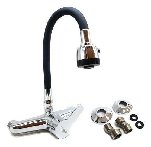 Monocomando Mesada 20cm Ente Caño Cocina Canilla Flexible Plateado Con Negro