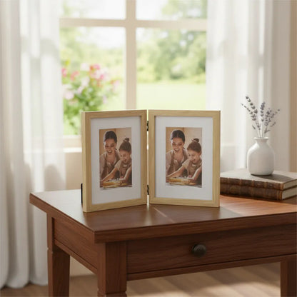 Portarretrato Marco Doble Para Fotos 10x15cm Mesa Escritorio Beige