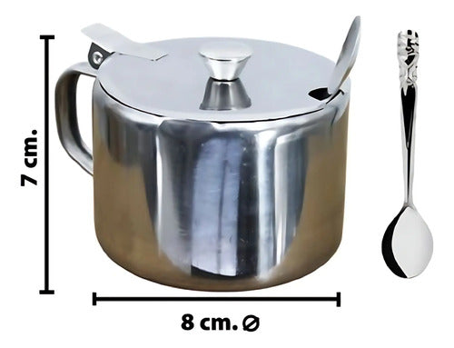 Azucarero En Acero Inox Con Cuchara Y Tapa Plateado
