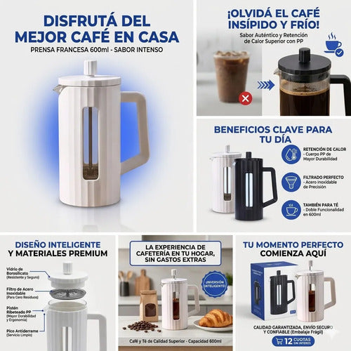 Cafetera Jarra Prensa Francesa Vidrio Acero 600ml Inoxidable Blanco