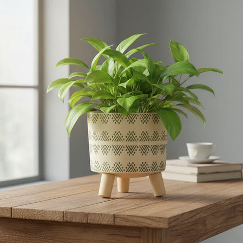 Maceta Ceramica Patas Madera 14x12cm Decorativa Hogar Planta Beige