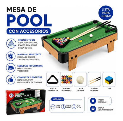 Mini Mesa Pool Billar Infantil 51cm Bolas Tacos Accesorios Verde