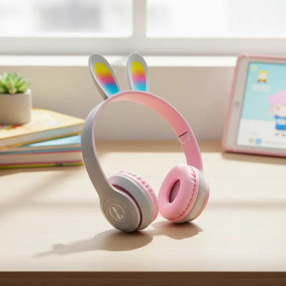 Auricular Infantil Bluetooth Rabbit Tf Mic Vincha Ajustable Rosa Con Gris
