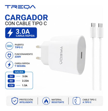 Cargador Usb Carga Rapida Tipo C Cable C A C Celular Tablet Blanco