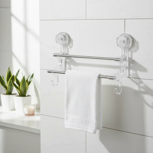 Porta Toalla Toallero Baño Ventosas 58x21cm Doble Barra Baño Plateado