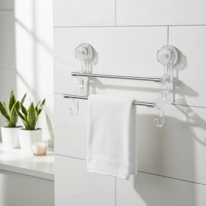 Porta Toalla Toallero Baño Ventosas 58x21cm Doble Barra Baño Plateado