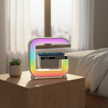 Parlante Cargador Inalambrico Bluetooth Reloj Led Rgb Blanco