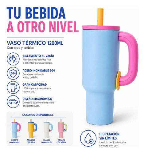Vaso Termico 1.2l Acero Manija Sorbito Tapa 4 Color Botella Rosado Con Verde Moderno Con Manija Y Sorbito