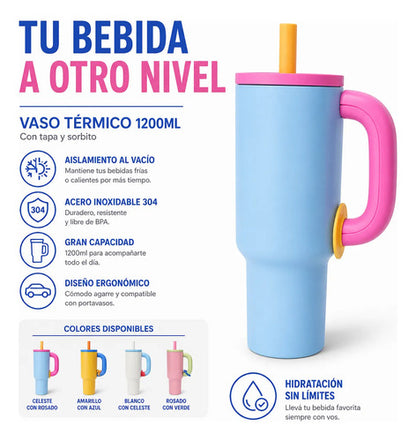 Vaso Termico 1.2l Acero Manija Sorbito Tapa 4 Color Botella Rosado Con Verde Moderno Con Manija Y Sorbito
