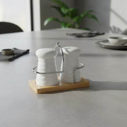 Set Salero Pimentero Porcelana Base Bambú Cerámica Soporte Blanco Y Madera Natural