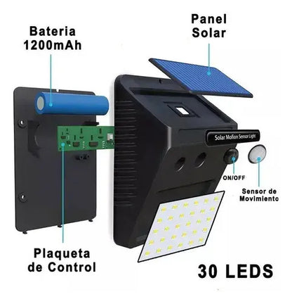 Luz Led Exterior Solar Panel Aplique Con Sensor Movimiento Plafon 30 Leds Farol Detecta Movimiento Luz Para Jardin Entrada Casa Estructura Negro Levys Bazar