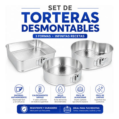 Molde Tortera Desmontable Reposteria Pack X3 Antiadherente Plateado
