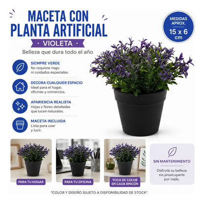 Planta Artificial Decorativa Con Maceta 15x6cm Jardin Living Violeta