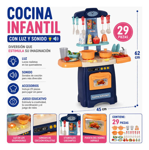 Juego Cocina Infantil Luz Sonido 29 Piezas 62cm Juguete Azul Marino Y Naranja