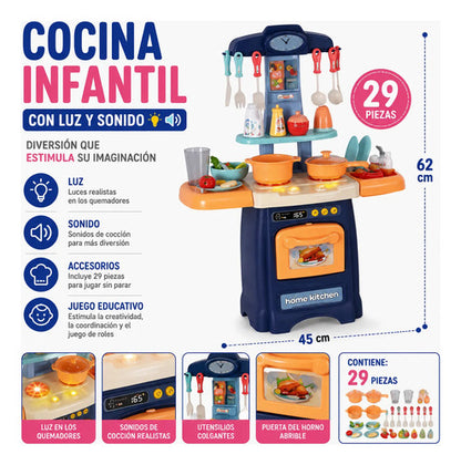 Juego Cocina Infantil Luz Sonido 29 Piezas 62cm Juguete Azul Marino Y Naranja
