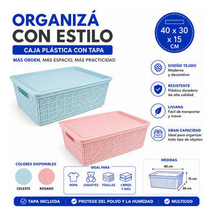 Caja Plastica Canasto Organizador Tapa 40x30x15cm Celeste