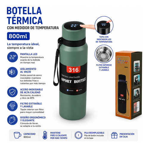 Botella Térmica Acero Inoxidable Filtro Display Temperatura Verde