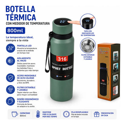 Botella Térmica Acero Inoxidable Filtro Display Temperatura Verde