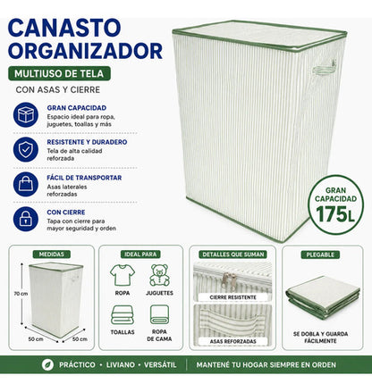 Bolso Multiuso Asa Cierre Cesto Organizador Tela 50x50x70cm Blanco