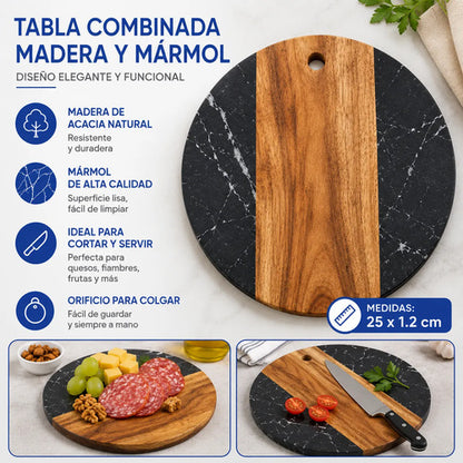 Tabla De Cocina Madera Mármol Picar Servir Redonda 25cm Madera Y Mármol Negro Con Marrón