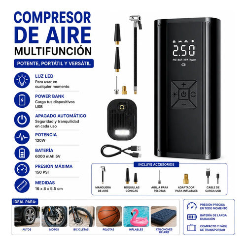 Inflador Compresor Aire Portátil 150 Psi 6000mah Power Bank Negro