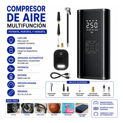 Inflador Compresor Aire Portátil 150 Psi 6000mah Power Bank Negro