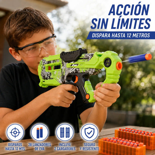 Lanzador Infantil 28 Dardos Eva 2 Cargadores Alcance 12m Verde